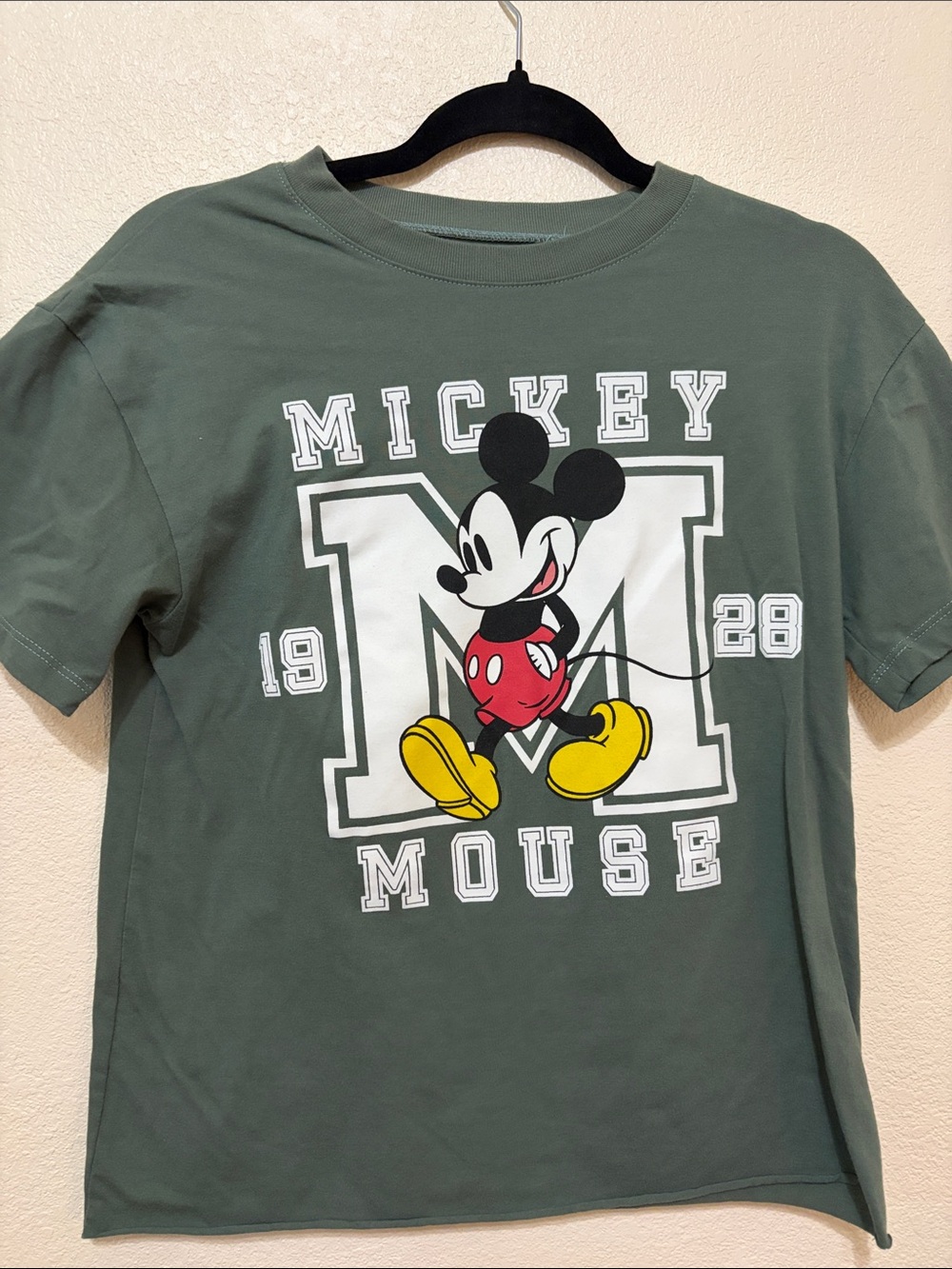 Disney Mickey Mouse Graphic Tee - Olive Green with Yellow & Red Accents
